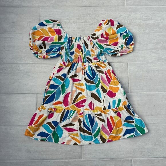 Tabitha Brown Small Multicolor Botanical Print Puff Sleeve Mini Dress Boho Linen - Picture 2 of 8